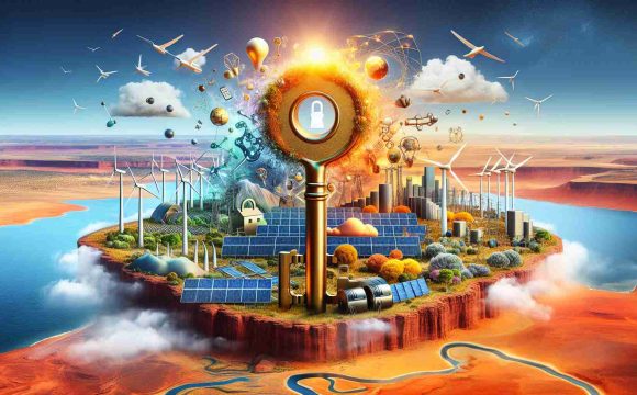 Create a vivid, high-definition concept image illustrating the idea of unlocking the potential of energy storage in Australia. The image should include a symbolic representation of unlocking, such as a large golden key and a lock, fused with elements of energy storage like wind turbines, solar panels, and batteries. Set this against a vast backdrop of the Australian landscape featuring distinct geographical features such as the red deserts, bushlands, and the coastline.