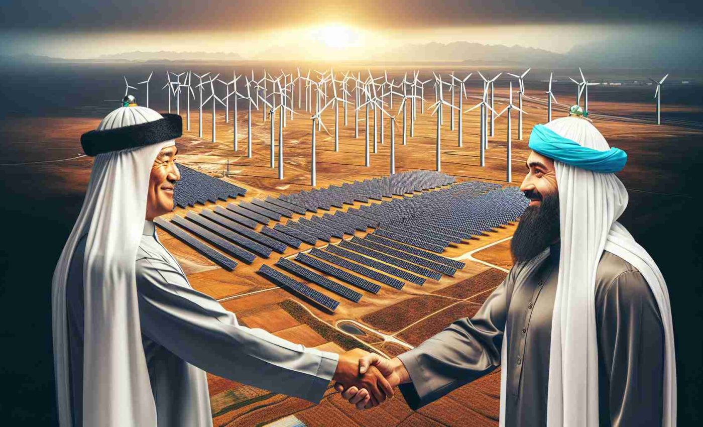 High-definition, realistic image displaying the concept of Kazakhstan expanding its renewable energy partnerships. Show a landscape where we can see multiple wind turbines lined up, representing wind energy. Also, represent solar energy with solar panels installed in different locations. Overlay the image with symbols of partnership like two people shaking hands, where one person is a Middle-Eastern male and the other one is a Caucasian male, symbolizing international collaboration.