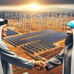 High-definition, realistic image displaying the concept of Kazakhstan expanding its renewable energy partnerships. Show a landscape where we can see multiple wind turbines lined up, representing wind energy. Also, represent solar energy with solar panels installed in different locations. Overlay the image with symbols of partnership like two people shaking hands, where one person is a Middle-Eastern male and the other one is a Caucasian male, symbolizing international collaboration.