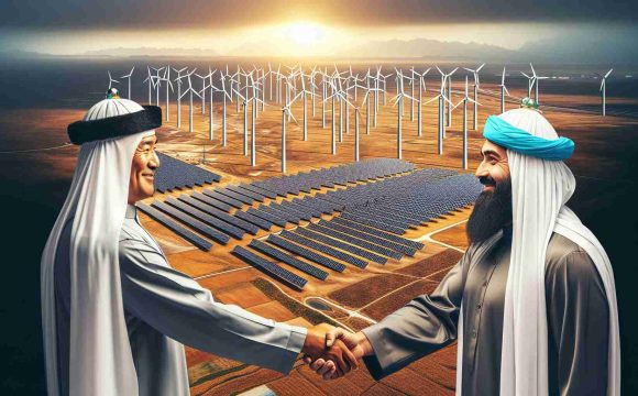 High-definition, realistic image displaying the concept of Kazakhstan expanding its renewable energy partnerships. Show a landscape where we can see multiple wind turbines lined up, representing wind energy. Also, represent solar energy with solar panels installed in different locations. Overlay the image with symbols of partnership like two people shaking hands, where one person is a Middle-Eastern male and the other one is a Caucasian male, symbolizing international collaboration.