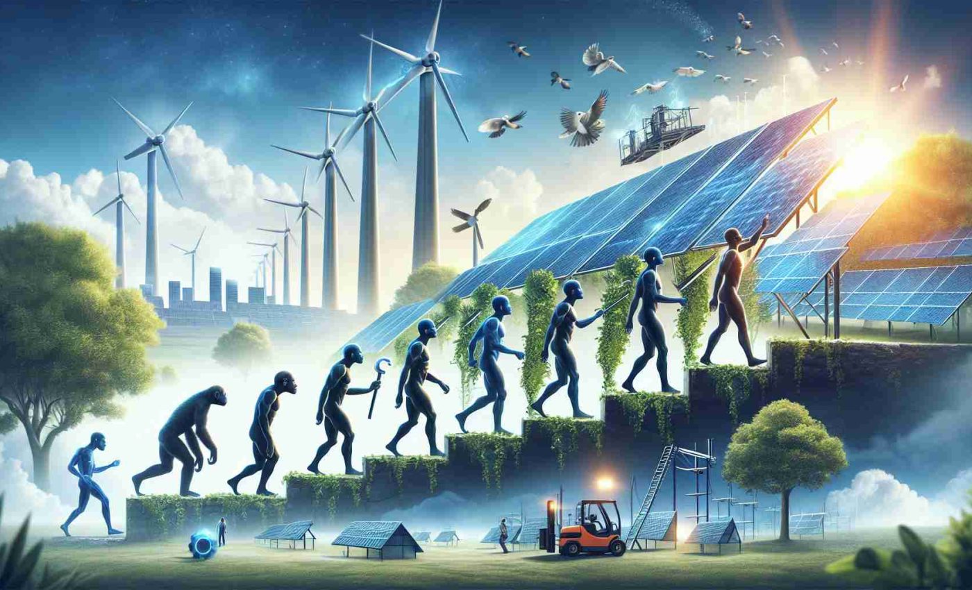 Create a high-definition, realistic image that represents the success story of revolutionizing solar power. The image can include a series of evolution-like illustrations displaying the journey from traditional power usage to solar energy, with the final image depicting advanced solar panels widely implemented for energy production. Also include humans in the image, such as a Caucasian woman and a Black man, working in harmony to maintain and optimize the solar panel systems.