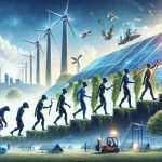 Create a high-definition, realistic image that represents the success story of revolutionizing solar power. The image can include a series of evolution-like illustrations displaying the journey from traditional power usage to solar energy, with the final image depicting advanced solar panels widely implemented for energy production. Also include humans in the image, such as a Caucasian woman and a Black man, working in harmony to maintain and optimize the solar panel systems.