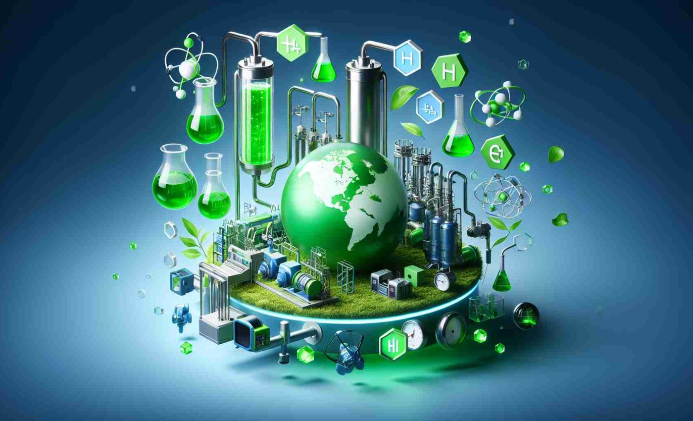 Create a realistic high-definition image illustrating the concept of a new initiative that is driving global production of green hydrogen. This could include symbolic elements such as a globe to represent the world, vibrant green color for the hydrogen, and various scientific and industrial equipment for the production process.