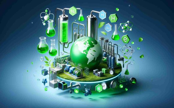 Create a realistic high-definition image illustrating the concept of a new initiative that is driving global production of green hydrogen. This could include symbolic elements such as a globe to represent the world, vibrant green color for the hydrogen, and various scientific and industrial equipment for the production process.