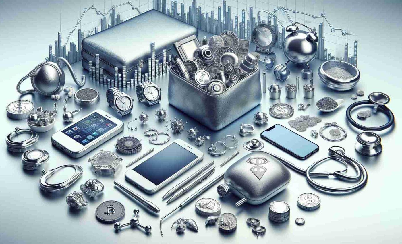 Create a realistic, high-definition image that conceptually represents the versatility of silver in modern markets. For the symbolism, imagine an array of items including tech gadgets, jewelry, coins, and medical equipment, all made of gleaming silver, placed against the backdrop of graphs representing the fluctuating market prices for silver.