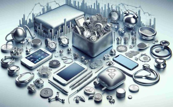 Create a realistic, high-definition image that conceptually represents the versatility of silver in modern markets. For the symbolism, imagine an array of items including tech gadgets, jewelry, coins, and medical equipment, all made of gleaming silver, placed against the backdrop of graphs representing the fluctuating market prices for silver.