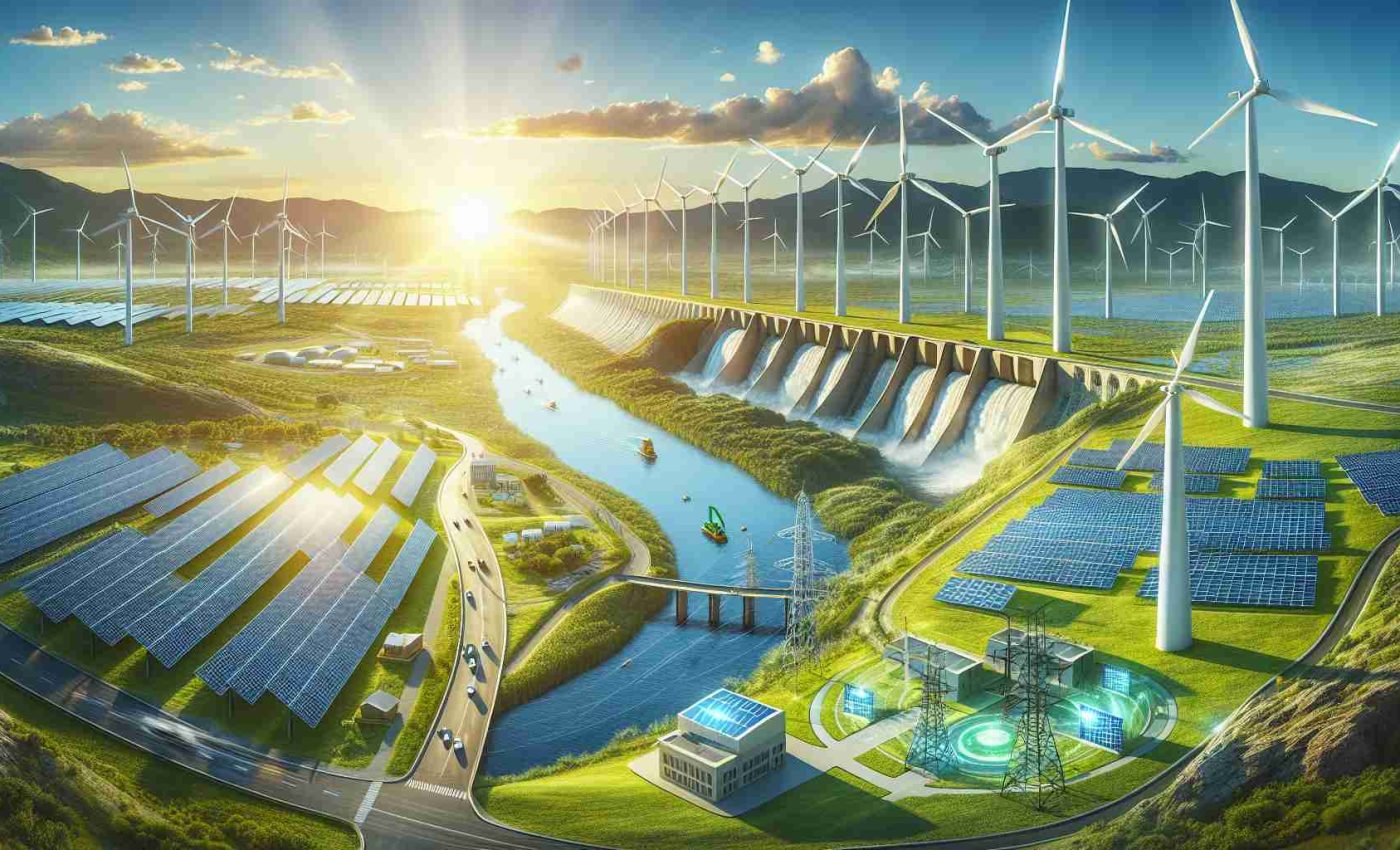 A realistic high-definition image showcasing the rise of sustainable energy solutions. The image captures several instances of renewable power, including a large wind farm stretching into the horizon with the rotating blades against a clear blue sky, vibrant solar panels soaking in the bright sunlight in an open field, and a hydroelectric dam built across a rushing river. Also include a smart grid system in a city that shows buildings utilizing green energy. The layout should present a clear and optimistic view, signifying advancements in sustainable energy solutions and their increasing prevalence in our everyday lives.