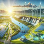 A realistic high-definition image showcasing the rise of sustainable energy solutions. The image captures several instances of renewable power, including a large wind farm stretching into the horizon with the rotating blades against a clear blue sky, vibrant solar panels soaking in the bright sunlight in an open field, and a hydroelectric dam built across a rushing river. Also include a smart grid system in a city that shows buildings utilizing green energy. The layout should present a clear and optimistic view, signifying advancements in sustainable energy solutions and their increasing prevalence in our everyday lives.