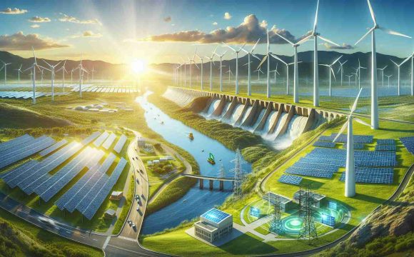 A realistic high-definition image showcasing the rise of sustainable energy solutions. The image captures several instances of renewable power, including a large wind farm stretching into the horizon with the rotating blades against a clear blue sky, vibrant solar panels soaking in the bright sunlight in an open field, and a hydroelectric dam built across a rushing river. Also include a smart grid system in a city that shows buildings utilizing green energy. The layout should present a clear and optimistic view, signifying advancements in sustainable energy solutions and their increasing prevalence in our everyday lives.