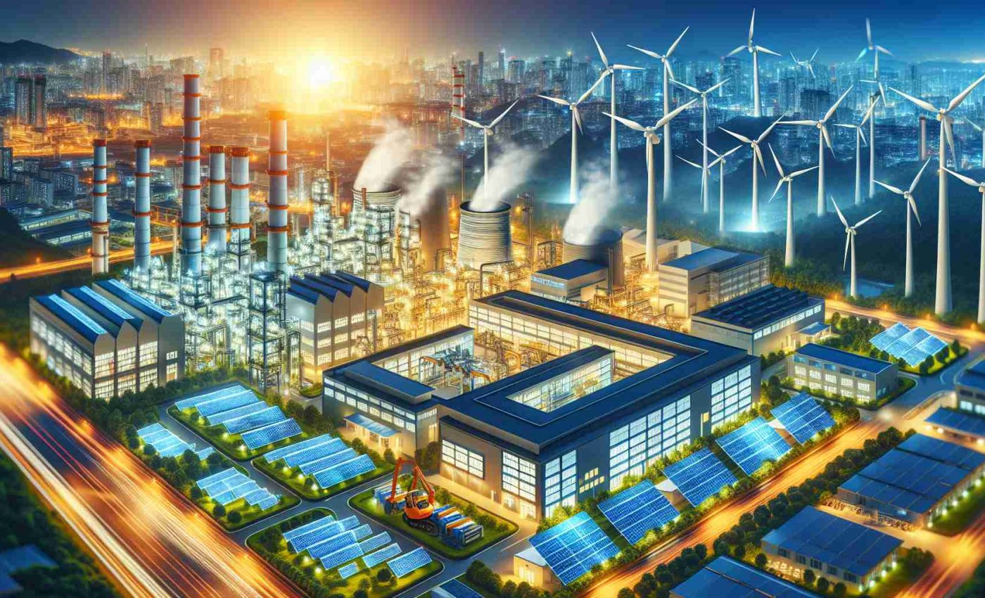 Create a realistic High-Definition photo that depicts the increase in sustainable power solutions for businesses. The scene can show a variety of advanced technologies like solar panels, wind turbines, and other renewable energy sources implemented in a commercial setting. Examples of businesses include manufacturing plants, commercial buildings, and office spaces. Try capturing the essence of a greener future, with brightly lit, efficient buildings, powered by clean and renewable resources.