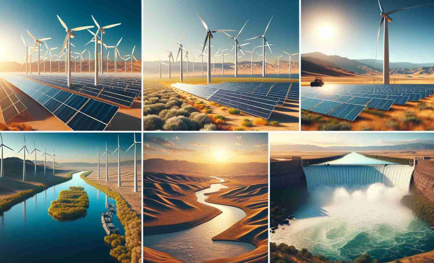 Create a high definition, realistic image showcasing various renewable energy projects intensifying across North America. Include scenes of solar farms with vast arrays of solar panels capturing the sun's energy in a desert environment, wind farms with large wind turbines spinning in the prairie, and hydroelectric dams production with large turbines harnessing energy from rapidly moving water in a river. Add to this the picturesque landscapes of North America, with clear blue skies, arid deserts, and flowing rivers.