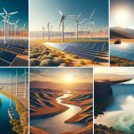 Create a high definition, realistic image showcasing various renewable energy projects intensifying across North America. Include scenes of solar farms with vast arrays of solar panels capturing the sun's energy in a desert environment, wind farms with large wind turbines spinning in the prairie, and hydroelectric dams production with large turbines harnessing energy from rapidly moving water in a river. Add to this the picturesque landscapes of North America, with clear blue skies, arid deserts, and flowing rivers.