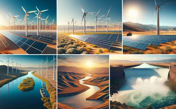 Create a high definition, realistic image showcasing various renewable energy projects intensifying across North America. Include scenes of solar farms with vast arrays of solar panels capturing the sun's energy in a desert environment, wind farms with large wind turbines spinning in the prairie, and hydroelectric dams production with large turbines harnessing energy from rapidly moving water in a river. Add to this the picturesque landscapes of North America, with clear blue skies, arid deserts, and flowing rivers.