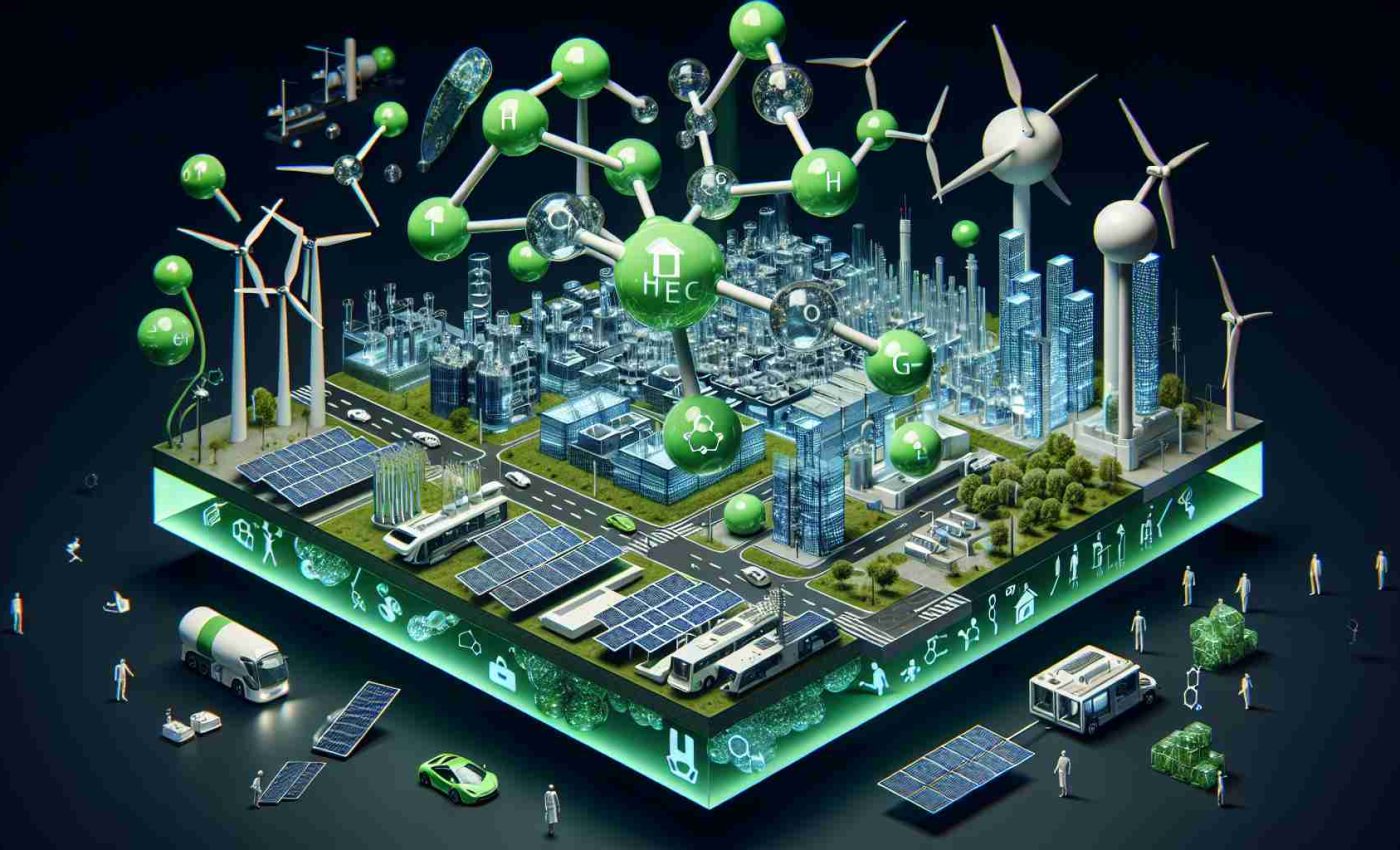 Generate a realistic, high-definition image showcasing the potential of green hydrogen in creating sustainable energy solutions. This image could include a green hydrogen molecule, a futuristic city powered by green hydrogen, wind turbines, solar panels, electrolysers, fuel cells, transportation running on green hydrogen, and people from diverse descents and genders working in relevant areas.