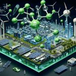 Generate a realistic, high-definition image showcasing the potential of green hydrogen in creating sustainable energy solutions. This image could include a green hydrogen molecule, a futuristic city powered by green hydrogen, wind turbines, solar panels, electrolysers, fuel cells, transportation running on green hydrogen, and people from diverse descents and genders working in relevant areas.