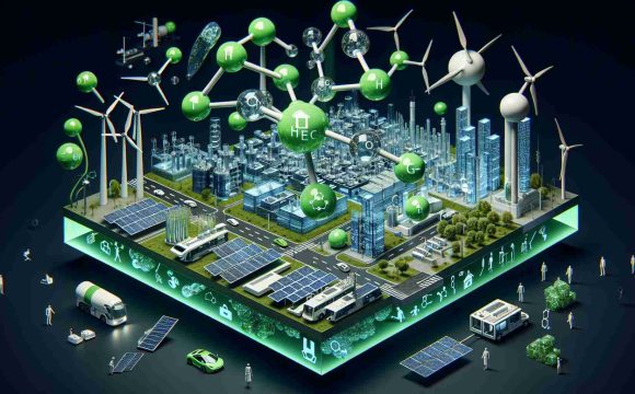 Generate a realistic, high-definition image showcasing the potential of green hydrogen in creating sustainable energy solutions. This image could include a green hydrogen molecule, a futuristic city powered by green hydrogen, wind turbines, solar panels, electrolysers, fuel cells, transportation running on green hydrogen, and people from diverse descents and genders working in relevant areas.