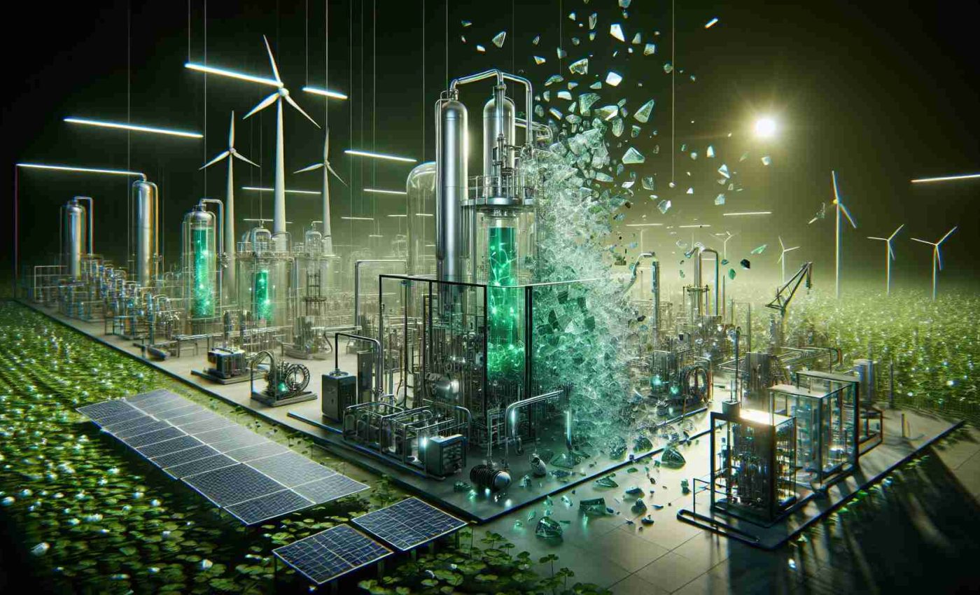 Generate a realistic, high-definition illustration showcasing the cutting-edge technology of green hydrogen production. The scene should depict groundbreaking innovations breaking barriers, metaphorically. The technology could include concepts such as electrolysis equipment, solar panels, and wind turbines indicating renewable energy sources, in addition to futuristic control panels and advanced equipment. To symbolize breaking barriers, there could be imagery such as shattered glass or a broken wall in the background. Everything should be bathed in a soft, green glow to signify the 'green' aspect of this technology.