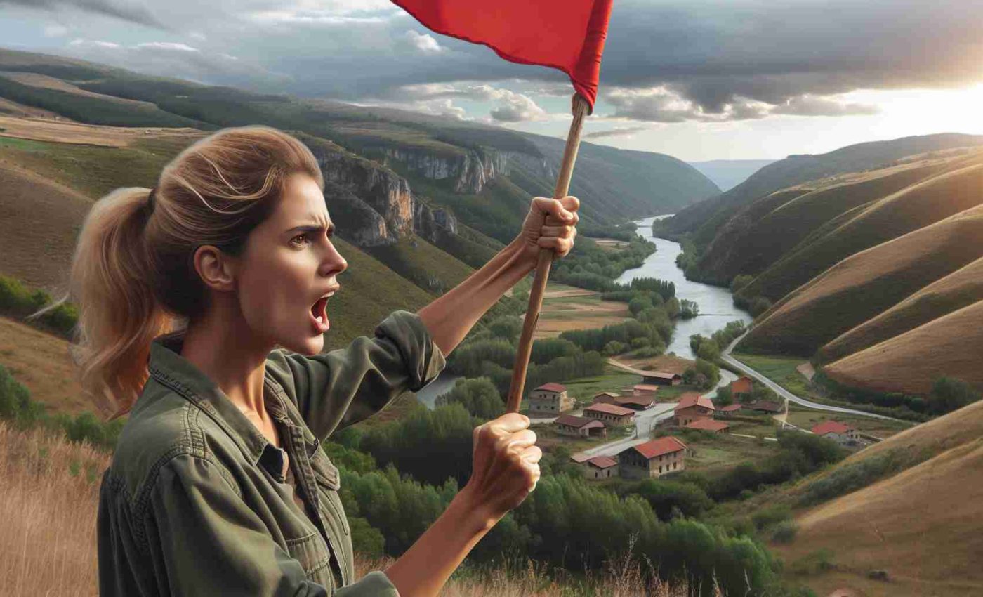 Realistic HD photo of a dedicated female activist with Caucasian descent passionately fighting to preserve the rustic appeal of a picturesque valley