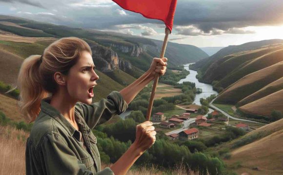 Realistic HD photo of a dedicated female activist with Caucasian descent passionately fighting to preserve the rustic appeal of a picturesque valley