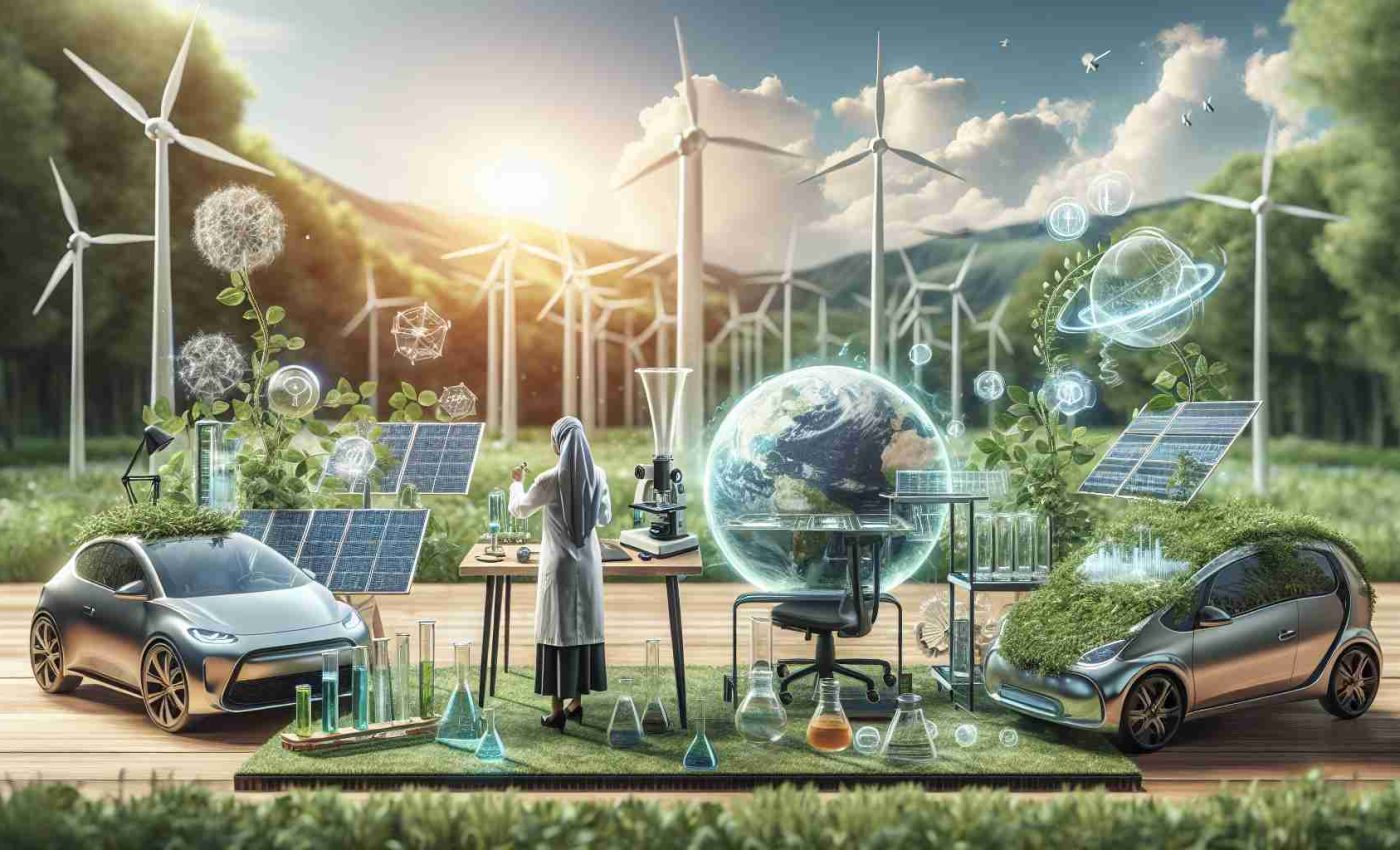 A high definition, realistic image showcasing the rise of eco-friendly innovations. It could depict a variety of green technologies, such as solar panels, wind turbines, and electric vehicles, representing the transition from traditional carbon-based fuels to renewable energy. The scene might also include an individual, a Middle-Eastern woman, scientist conducting research on a prototype of sustainable technology in a lab. The background can be filled with lush greenery symbolizing the thriving earth as the result of these innovations.