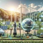 A high definition, realistic image showcasing the rise of eco-friendly innovations. It could depict a variety of green technologies, such as solar panels, wind turbines, and electric vehicles, representing the transition from traditional carbon-based fuels to renewable energy. The scene might also include an individual, a Middle-Eastern woman, scientist conducting research on a prototype of sustainable technology in a lab. The background can be filled with lush greenery symbolizing the thriving earth as the result of these innovations.