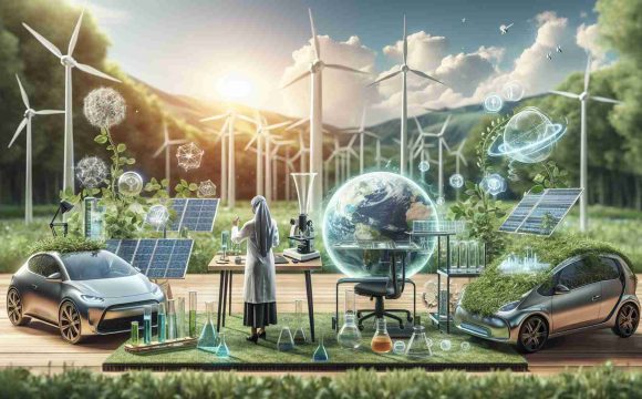 A high definition, realistic image showcasing the rise of eco-friendly innovations. It could depict a variety of green technologies, such as solar panels, wind turbines, and electric vehicles, representing the transition from traditional carbon-based fuels to renewable energy. The scene might also include an individual, a Middle-Eastern woman, scientist conducting research on a prototype of sustainable technology in a lab. The background can be filled with lush greenery symbolizing the thriving earth as the result of these innovations.