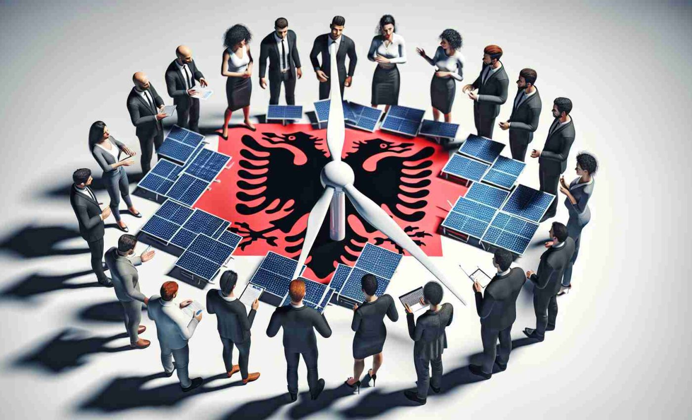 Generate an image depicting the symbolic collaboration in the renewable energy sector of Albania. There should be a realistically rendered, high-definition image showing a number of people discussing over a model of a solar panel or a wind turbine. These individuals should be representatives of various disciplines related to renewable energy, including engineering, project management, and financing. Ensure to include an Albanian flag in the image to symbolize the country. Let's depict a diverse group with men and women, Caucasian, Hispanic, Black, and Asian descent, all vital players in the revolution of the renewable energy sector.