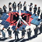 Generate an image depicting the symbolic collaboration in the renewable energy sector of Albania. There should be a realistically rendered, high-definition image showing a number of people discussing over a model of a solar panel or a wind turbine. These individuals should be representatives of various disciplines related to renewable energy, including engineering, project management, and financing. Ensure to include an Albanian flag in the image to symbolize the country. Let's depict a diverse group with men and women, Caucasian, Hispanic, Black, and Asian descent, all vital players in the revolution of the renewable energy sector.