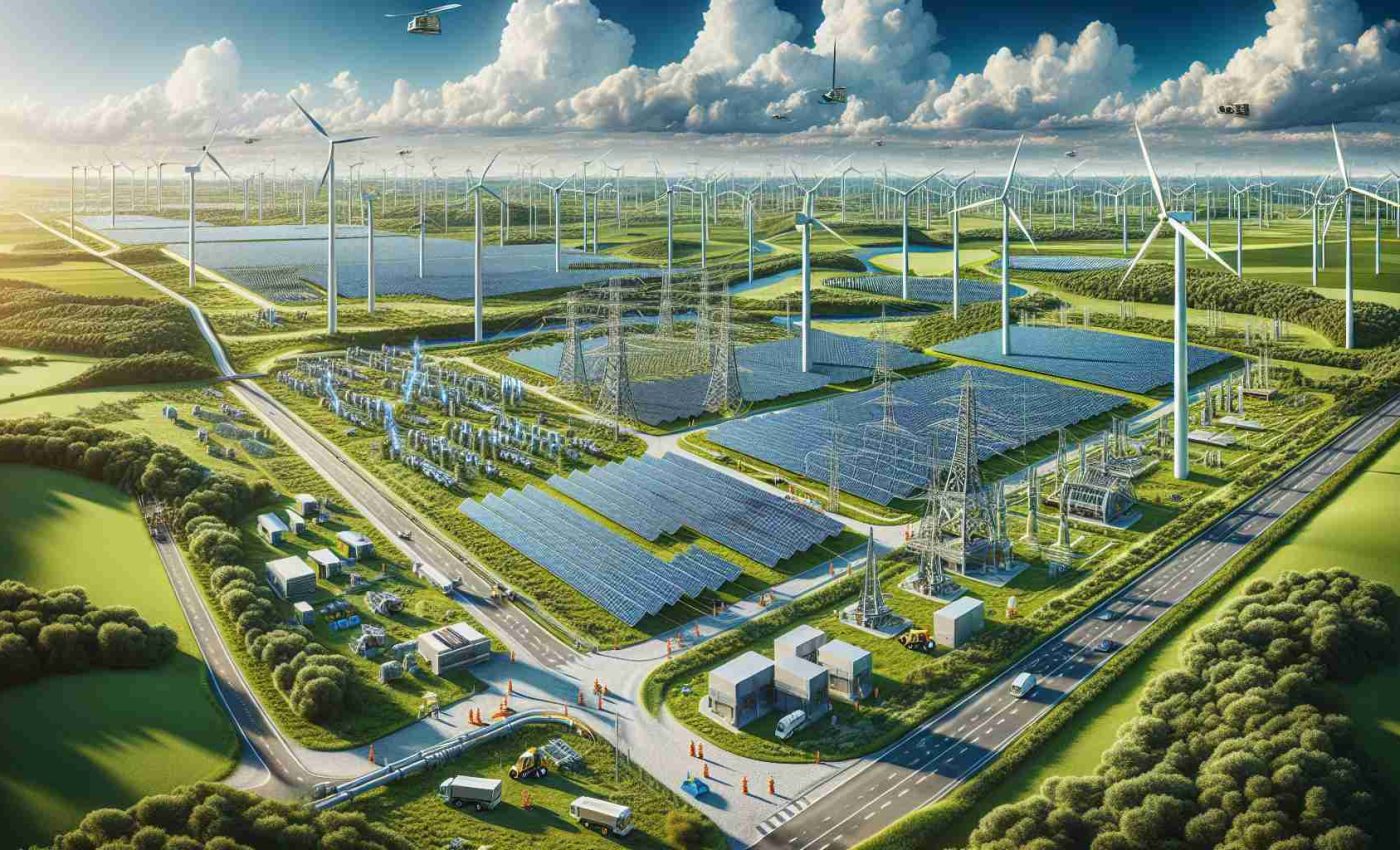 Realistic, high-definition visualization of a transformative investment in clean energy infrastructure. This should depict eco-friendly energy sources like solar panels, wind turbines, and geothermal power units. The image should showcase a sizeable area covered with this technology, signifying the vast investment. Ideally, we should see vibrant green landscapes under bright blue skies to underline the harmonious coexistence of technology and nature. Additional elements like engineers at work of diverse descents and genders, electronic vehicles, might be included to signify the comprehensive nature of the investment.