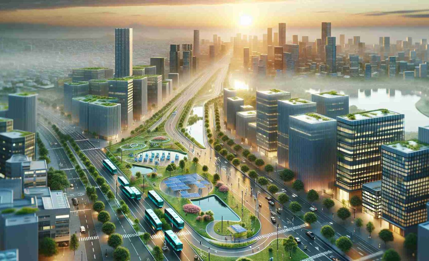 A high-resolution, realistic image portraying the concept of revolutionizing urban mobility. The image should show a future city in the dawn, where sustainable transportation methods are prioritize. It can include electric buses, cycling lanes, electric scooters, or other forms of environmentally-friendly transportation. The city should include lush greenspaces and solar panel-covered buildings, emphasizing eco-friendliness. The overall colour palette should be soft and warm, like a fresh dawn.