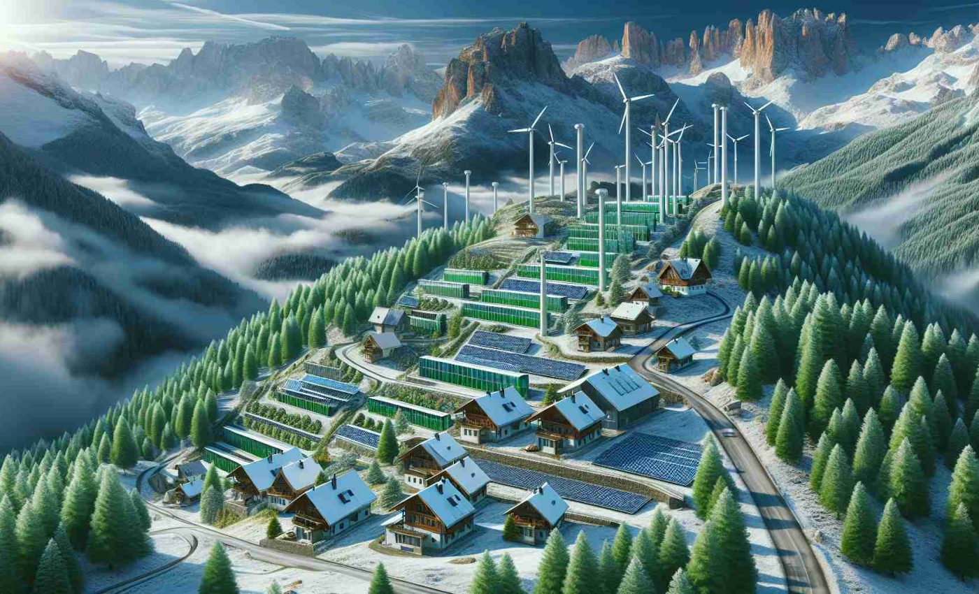 Visualize a realistic, high-definition image depicting the revolution of energy storage in the setting of an alpine community. Picture a series of modern, cutting-edge energy storage facilities, possibly solar cells or wind turbines, nestled amidst the rugged terrain of a mountainous region. These facilities should intermingle with cozy local homes, indicating the community's involvement and support. Green energy being harnessed to benefit the local community while also maintaining the natural beauty and tranquility of the alpine environment. Use vibrant colors to represent the fresh, clean energy being produced, and shades of blue and white to encompass the chilly alpine setting.