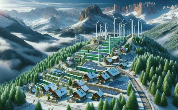 Visualize a realistic, high-definition image depicting the revolution of energy storage in the setting of an alpine community. Picture a series of modern, cutting-edge energy storage facilities, possibly solar cells or wind turbines, nestled amidst the rugged terrain of a mountainous region. These facilities should intermingle with cozy local homes, indicating the community's involvement and support. Green energy being harnessed to benefit the local community while also maintaining the natural beauty and tranquility of the alpine environment. Use vibrant colors to represent the fresh, clean energy being produced, and shades of blue and white to encompass the chilly alpine setting.