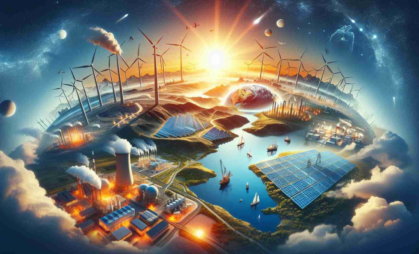 A high-definition, realistic image signifying the revolution of sustainable energy practices worldwide. Highlight various regions globally employing renewable energy solutions such as wind farms with towering wind turbines, vast solar panel fields absorbing sunlight, installations of geothermal energy setups in geologically active regions, and hydroelectric power stations harnessing the power of water. Depict a beautiful sunrise in the backdrop symbolizing a new dawn of sustainable energy use globally. Lastly, hint towards energy conservation and efficient use of resources, via LED bulbs, electric vehicles, low-energy buildings, and recyclable materials.