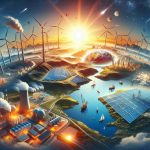 A high-definition, realistic image signifying the revolution of sustainable energy practices worldwide. Highlight various regions globally employing renewable energy solutions such as wind farms with towering wind turbines, vast solar panel fields absorbing sunlight, installations of geothermal energy setups in geologically active regions, and hydroelectric power stations harnessing the power of water. Depict a beautiful sunrise in the backdrop symbolizing a new dawn of sustainable energy use globally. Lastly, hint towards energy conservation and efficient use of resources, via LED bulbs, electric vehicles, low-energy buildings, and recyclable materials.