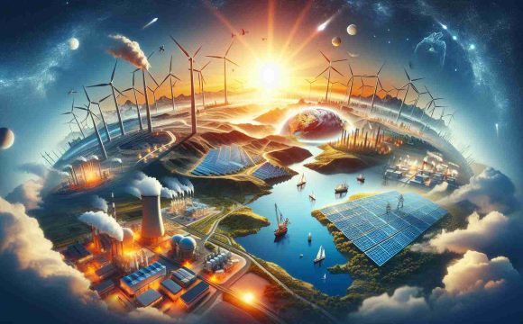 A high-definition, realistic image signifying the revolution of sustainable energy practices worldwide. Highlight various regions globally employing renewable energy solutions such as wind farms with towering wind turbines, vast solar panel fields absorbing sunlight, installations of geothermal energy setups in geologically active regions, and hydroelectric power stations harnessing the power of water. Depict a beautiful sunrise in the backdrop symbolizing a new dawn of sustainable energy use globally. Lastly, hint towards energy conservation and efficient use of resources, via LED bulbs, electric vehicles, low-energy buildings, and recyclable materials.