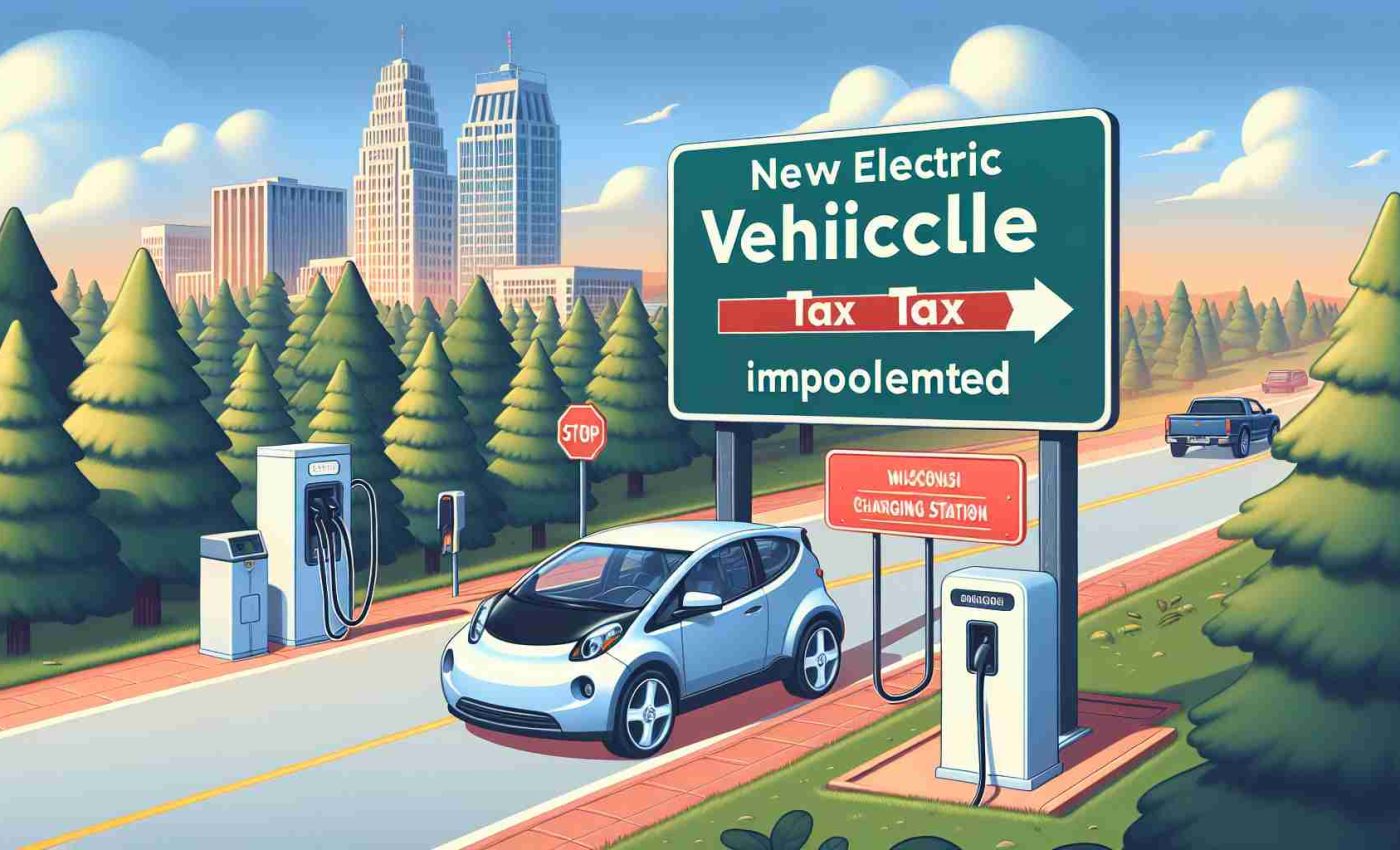 Illustration of a signboard in Wisconsin, with text reading, 'New Electric Vehicle Tax Implemented'. Surrounding the signboard, let's see an electric vehicle passing by, and a charging station in the background. The environment should depict an urban scene, with tall trees lining the road and skyscrapers visible at some distance. Emphasize the realism and high-definition quality of the image.