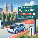 Illustration of a signboard in Wisconsin, with text reading, 'New Electric Vehicle Tax Implemented'. Surrounding the signboard, let's see an electric vehicle passing by, and a charging station in the background. The environment should depict an urban scene, with tall trees lining the road and skyscrapers visible at some distance. Emphasize the realism and high-definition quality of the image.