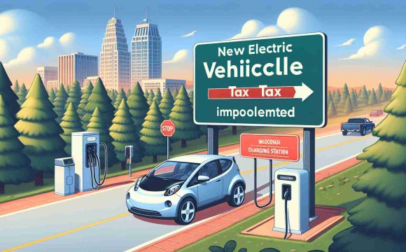 Illustration of a signboard in Wisconsin, with text reading, 'New Electric Vehicle Tax Implemented'. Surrounding the signboard, let's see an electric vehicle passing by, and a charging station in the background. The environment should depict an urban scene, with tall trees lining the road and skyscrapers visible at some distance. Emphasize the realism and high-definition quality of the image.