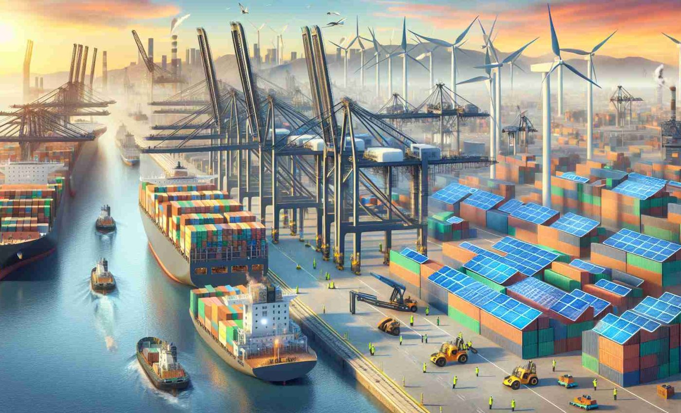 High-resolution realistic image illustrating the concept of major global shipping companies and ports making a commitment to shift towards sustainable energy solutions. Picture the scene at a busy port with large cargo ships docked, cranes lifting containers, and personnel in safety vests directing operations. Crucially, visually depict the transition to renewable energy: solar panels installed on rooftops, wind turbines close to the coast, and hybrid or electric vehicles moving cargo within the port area. The scene represents evolving industrial landscapes and the pledge for cleaner, more sustainable practices in global shipping.