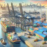 High-resolution realistic image illustrating the concept of major global shipping companies and ports making a commitment to shift towards sustainable energy solutions. Picture the scene at a busy port with large cargo ships docked, cranes lifting containers, and personnel in safety vests directing operations. Crucially, visually depict the transition to renewable energy: solar panels installed on rooftops, wind turbines close to the coast, and hybrid or electric vehicles moving cargo within the port area. The scene represents evolving industrial landscapes and the pledge for cleaner, more sustainable practices in global shipping.