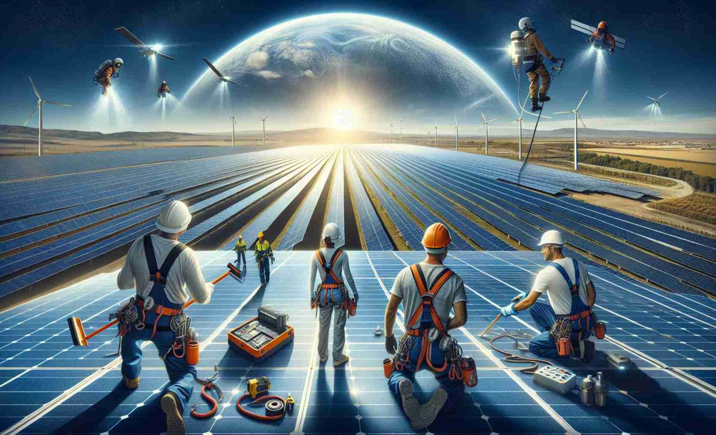 A high-definition photo depicting the revolutionary approach to solar panel maintenance. In the image, there is a vast solar farm against a clear blue sky, where the sunlight glints off the countless panels. In the foreground, a team of maintenance personnel, consisting of a Caucasian woman, a Black man, and a Hispanic man, are at work. They are wearing safety helmets and harnesses, equipped with state-of-the-art tools, highlighting the new approach towards solar technology. Also, there are some innovative devices designed for cleaning and repair, further emphasizing the 'Bright New Approach'.