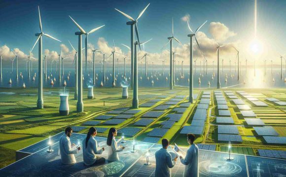 Highly detailed, realistic image depicting the future of sustainable energy. The image showcases a cascade of wind turbines dotted across an expansive green field, with brilliant sunlight illuminating the glossy surfaces of solar panels arranged in the proximity. An offshore tidal energy farm can be subtly seen in the horizon, with its white buoys bobbing on a serene ocean. In the forefront, a diverse group of scientists, including a South Asian woman, a Middle-Eastern man, a Hispanic man, and a white woman, are studying blueprints and designs of innovative green technology.