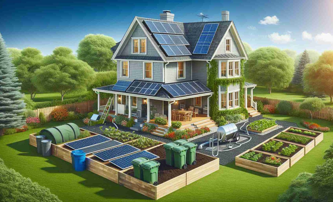 Create a high-definition, realistic image showcasing a home undergoing sustainable upgrades. The image may include solar panels being installed on a rooftop, a green garden with several compost bins, large energy-efficient windows, and a rainwater harvesting system placed strategically in the garden. The house can be of traditional American suburban design, and it should look like it is in the middle of these upgrades, illustrating the theme of transformation towards sustainability.