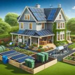 Create a high-definition, realistic image showcasing a home undergoing sustainable upgrades. The image may include solar panels being installed on a rooftop, a green garden with several compost bins, large energy-efficient windows, and a rainwater harvesting system placed strategically in the garden. The house can be of traditional American suburban design, and it should look like it is in the middle of these upgrades, illustrating the theme of transformation towards sustainability.