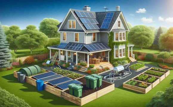 Create a high-definition, realistic image showcasing a home undergoing sustainable upgrades. The image may include solar panels being installed on a rooftop, a green garden with several compost bins, large energy-efficient windows, and a rainwater harvesting system placed strategically in the garden. The house can be of traditional American suburban design, and it should look like it is in the middle of these upgrades, illustrating the theme of transformation towards sustainability.