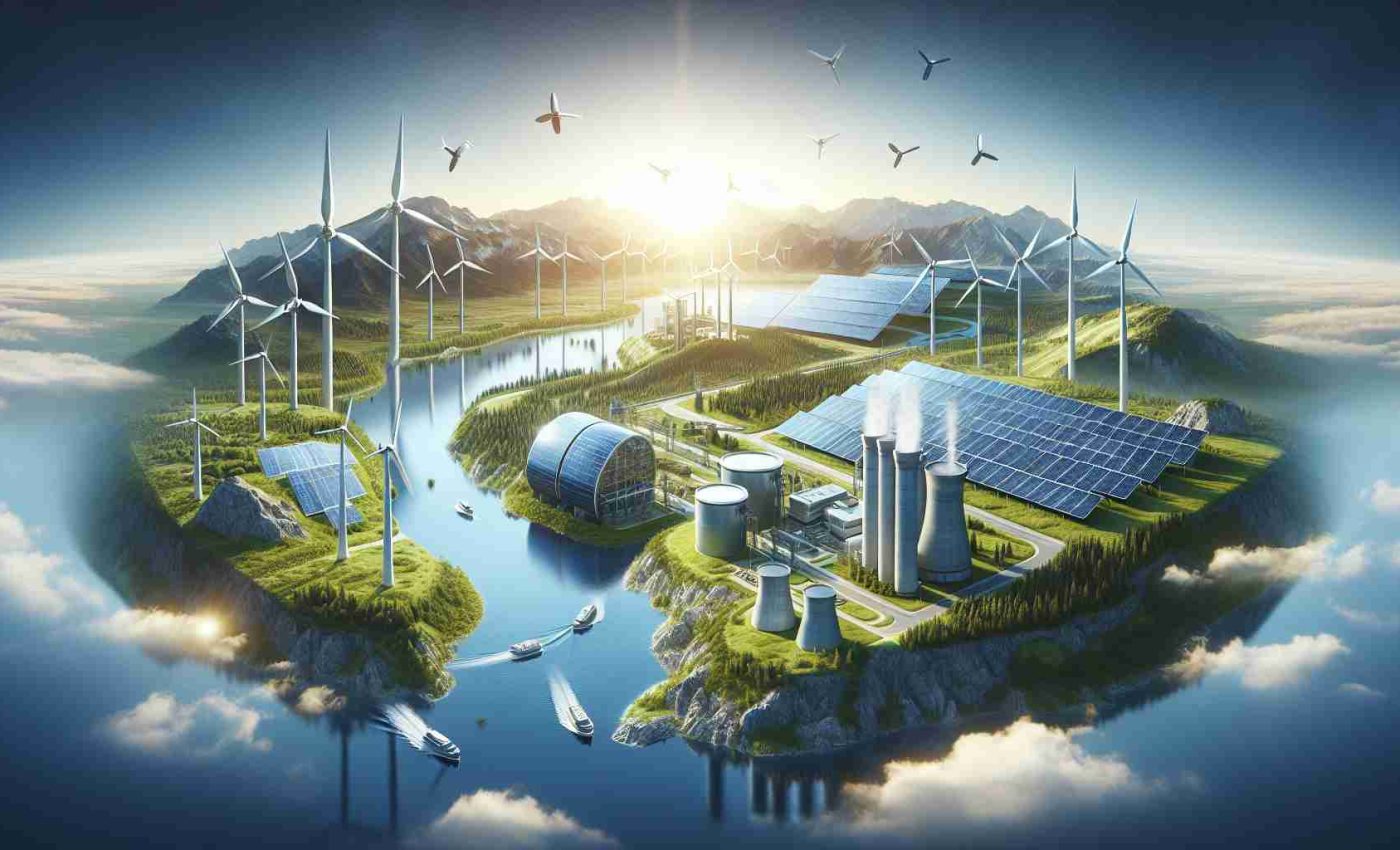 Generate a realistic, high-definition image depicting the advancements in renewable energy systems. This should include solar panels, wind turbines, and hydroelectric power stations, with emphasis on their revolutionary aspects. Also visualize potential future technology like advanced batteries for energy storage, energy efficiency in buildings, or wireless transmission of power. Remember to highlight the eco-friendly aspects of these systems, such as a clear sky and green landscapes.