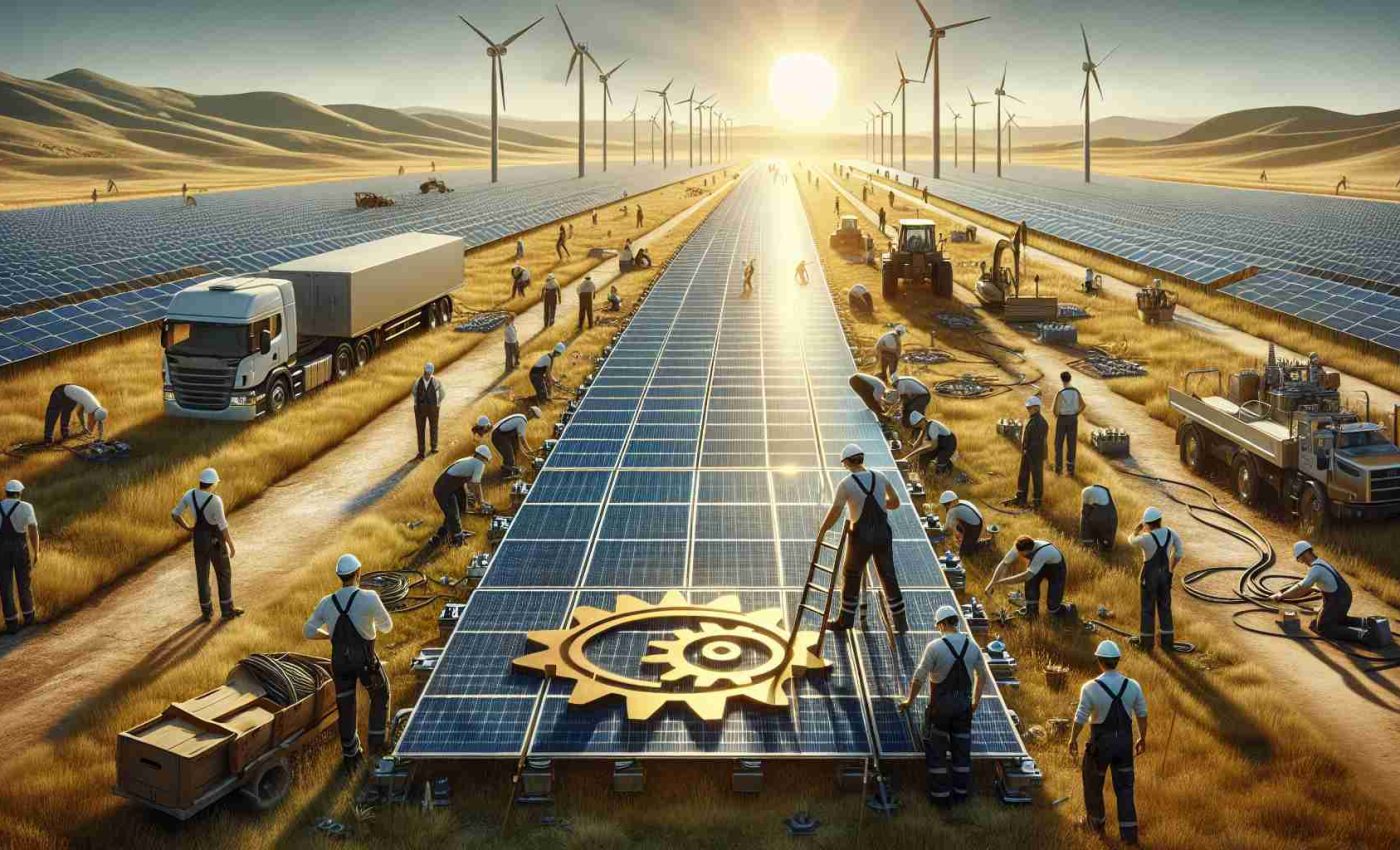 Create a high-resolution, realistic image depicting a utility company committing to a vast expansion of solar energy. In this scene, you can see various workers, both Caucasian and Hispanic, male and female, busy installing solar panels in a large open field. The company logo, featuring a radiant sun and a gear is visible on their uniforms and equipment. In the background, there are company executives, Black and Asian women, observing the work-in-progress from a distance. The scene also includes infrastructure like cables and construction vehicles. Furthermore, the field is massive, signifying the company's major commitment to transitioning to solar energy.