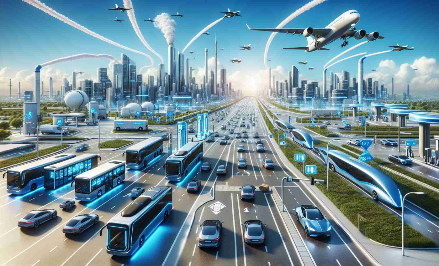 Visualize a realistic, detailed scene representing the future of transportation, with an emphasis on hydrogen-powered innovations. Imagine a futuristic cityscape with sleek vehicles running on hydrogen power, identifiable by their distinct blue markings. These vehicles are abundant, varying in size, design, and function - personal cars, public buses, and cargo trucks, all bustling along clean roads. High above, you can see hydrogen-powered airplanes etching white trails across the clear blue sky. Infrastructures such as refueling stations with large hydrogen tanks and color-coded pipelines are present. The overall environment conveys an aura of eco-friendly evolution in transportation, with visual cues indicating the use of hydrogen as the primary power source.