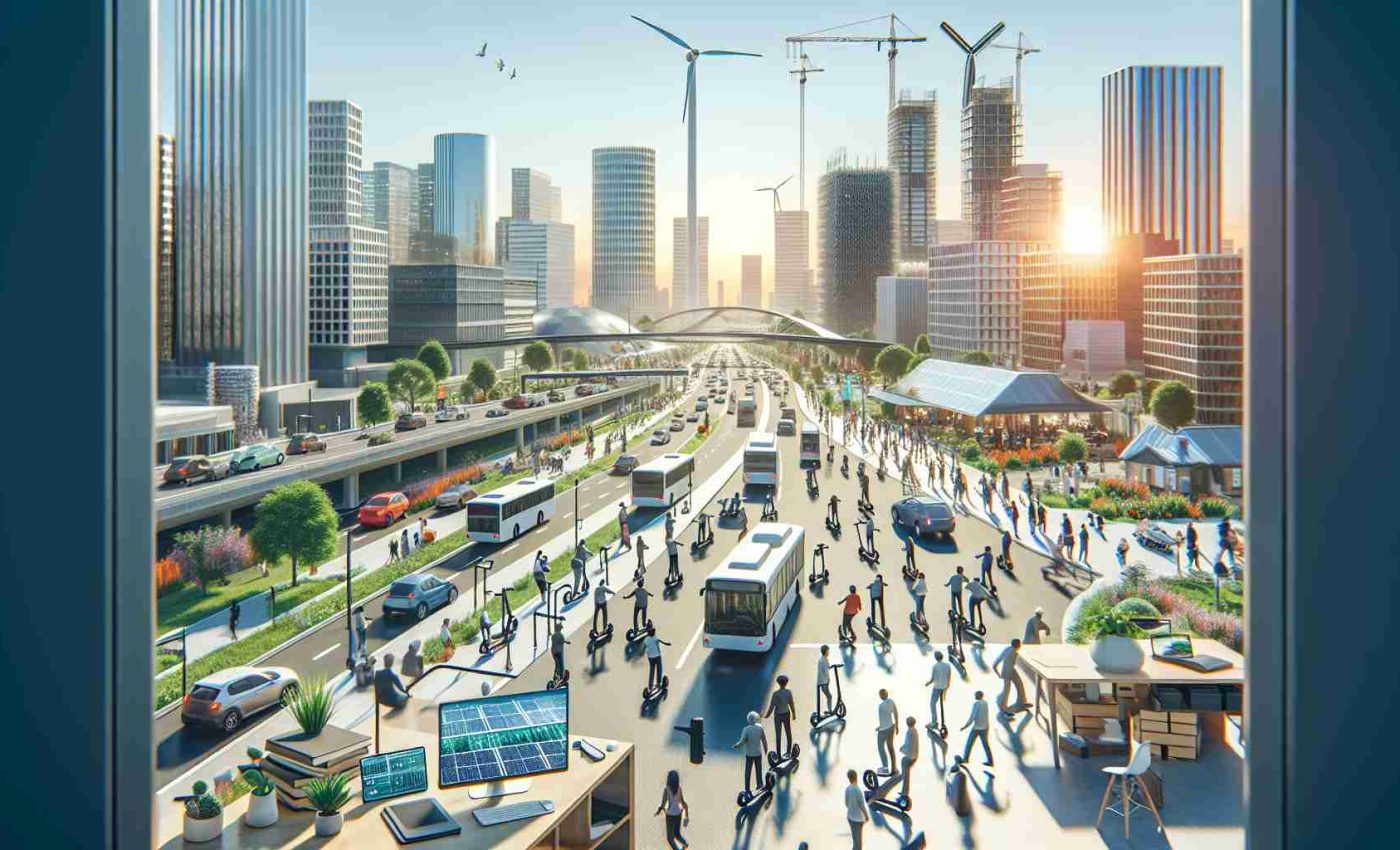 A high-definition, realistic rendering of the concept of 'The Rise of Sustainable Mobility Solutions'. This should visualize a bustling cityscape with various elements representing sustainability. Include electric vehicles, both cars and buses, on the roads, and pedestrians using electric scooters on the sidewalks. Desktops of people working on eco-friendly transportation concepts in the foreground. Also include solar panels and wind turbines providing green energy to this city. Ensure to present a diverse crowd with different genders and descents such as Caucasian, Hispanic, Middle Eastern, and Black.