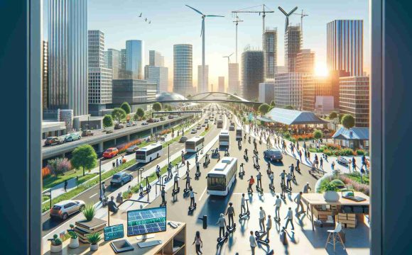 A high-definition, realistic rendering of the concept of 'The Rise of Sustainable Mobility Solutions'. This should visualize a bustling cityscape with various elements representing sustainability. Include electric vehicles, both cars and buses, on the roads, and pedestrians using electric scooters on the sidewalks. Desktops of people working on eco-friendly transportation concepts in the foreground. Also include solar panels and wind turbines providing green energy to this city. Ensure to present a diverse crowd with different genders and descents such as Caucasian, Hispanic, Middle Eastern, and Black.